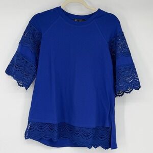 DG2‎ Diane Gilman Royal Blue Crochet Lace Sleeve Raglan Top Medium NEW